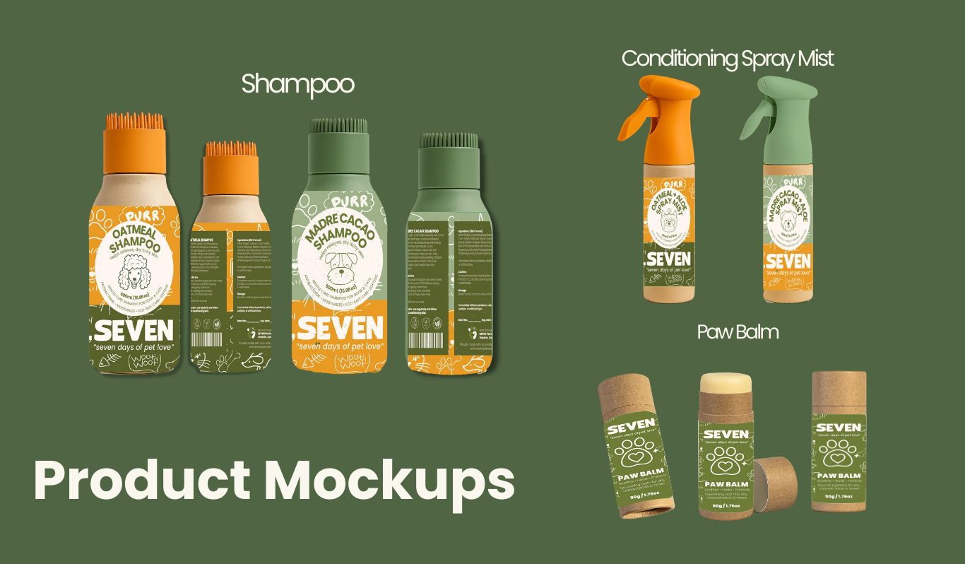 SEVEN shampoo, balm, and mist packaging mockups